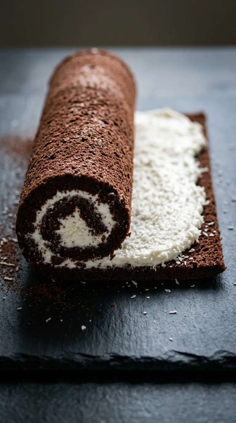 Vegan Cake Roll: Cocoa Sponge with Coconut Frosting – step 8: Fill and finish