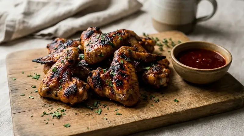 Close‑up of crispy grilled chicken wings on a wooden board with herbs and a small dipping bowl, captured in natural light