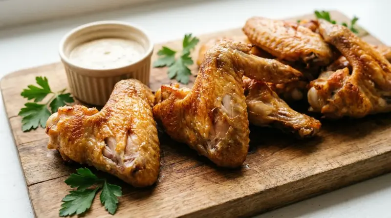 Crispy golden chicken wings on a wooden board, steam rising, with a bowl of dip and a sprig of herbs beside them