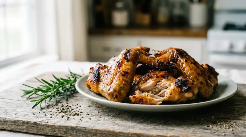 Golden grilled chicken wings on a wooden board with a sprig of rosemary and cracked pepper