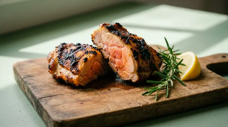 Close‑up of grilled chicken thigh halves showing charred skin and juicy interior on a wooden board with herbs