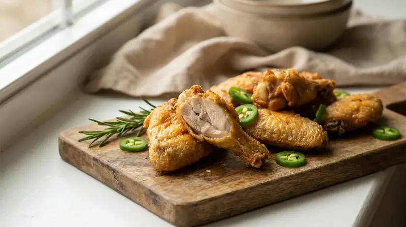 Crispy air‑fried chicken wings on a wooden board with a side of sliced jalapeños and a glass of lemonade