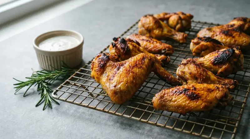 Crispy baked chicken wings on a wire rack, browned skin visible, with a sprig of rosemary and a bowl of dipping sauce