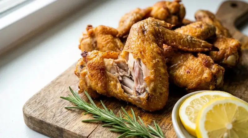 Crispy air‑fried chicken wings on a wooden board with a sprig of rosemary and a small bowl of sliced lemons