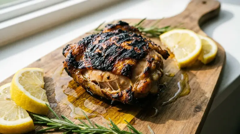 Charred grilled chicken thigh on a cutting board beside lemon wedges and herbs