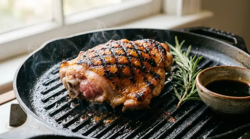 Grilled chicken thigh on a cast‑iron grill with charred skin and grill marks