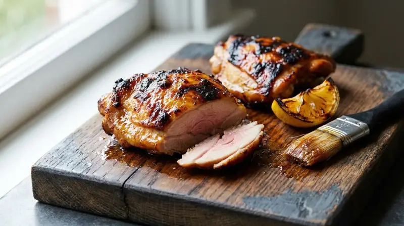Grilled chicken thigh halves showing caramelized skin and juicy interior on a wooden board with sliced lemons and a brush
