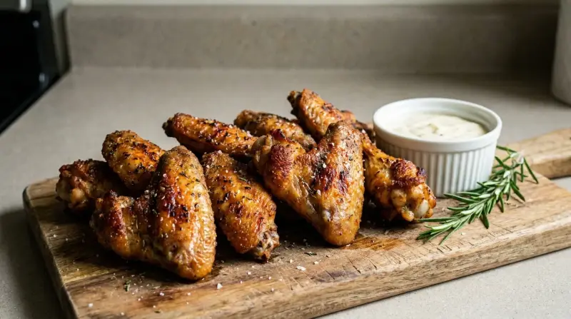 Crispy golden-brown chicken wings fanned on a wooden board with a sprig of rosemary and a small bowl of dipping sauce