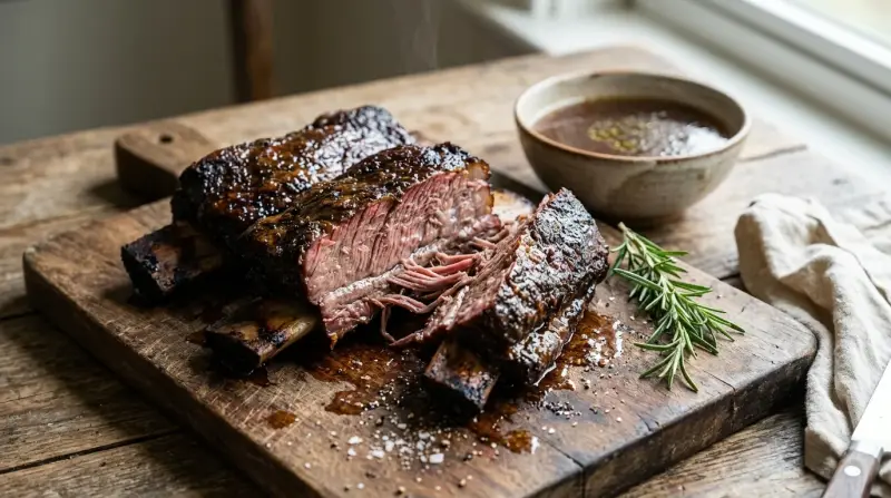 Close‑up of oven‑braised beef short ribs with caramelized exterior and tender meat pulled from the bone on a rustic wooden board.