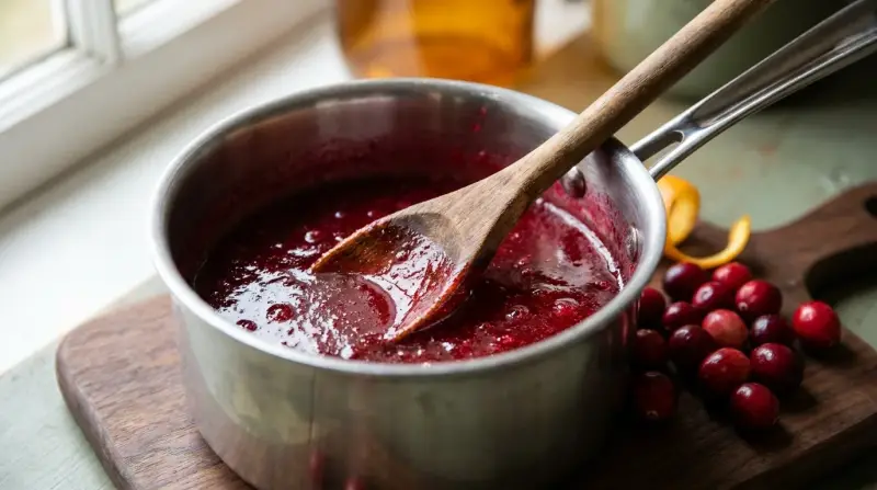 A saucepan of glossy cranberry orange glaze with a wooden spoon, fresh cranberries, and orange zest beside it