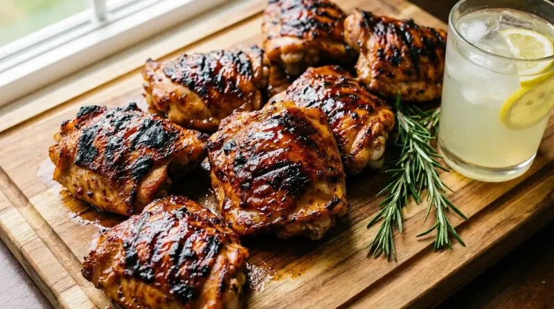 Grilled chicken thighs with charred skin, glossy barbecue glaze, and a wooden cutting board beside fresh herbs
