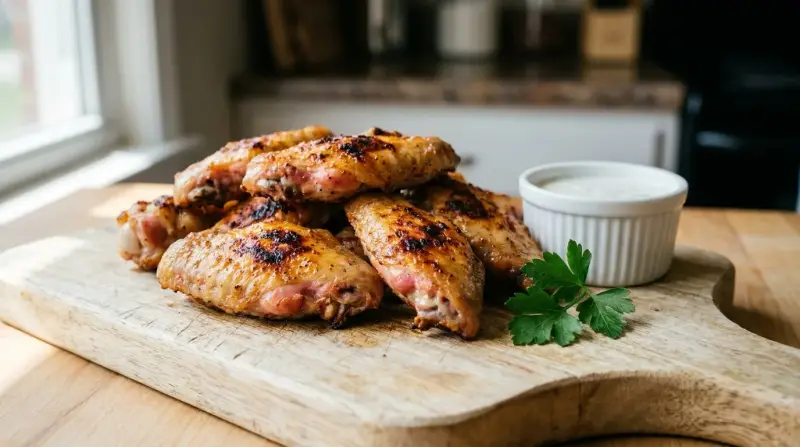 Crispy grilled chicken wings on a wooden board with pepper flakes and a dipping sauce