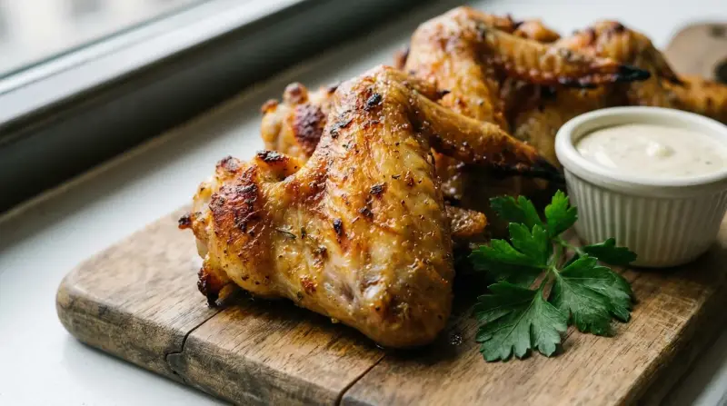 A plate of golden‑brown chicken wings with crispy skin, a drizzle of sauce, and a sprig of parsley on a rustic wooden board