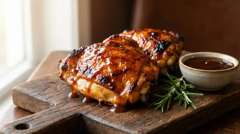 Oven‑baked chicken thighs glazed with shiny barbecue sauce on a rustic cutting board
