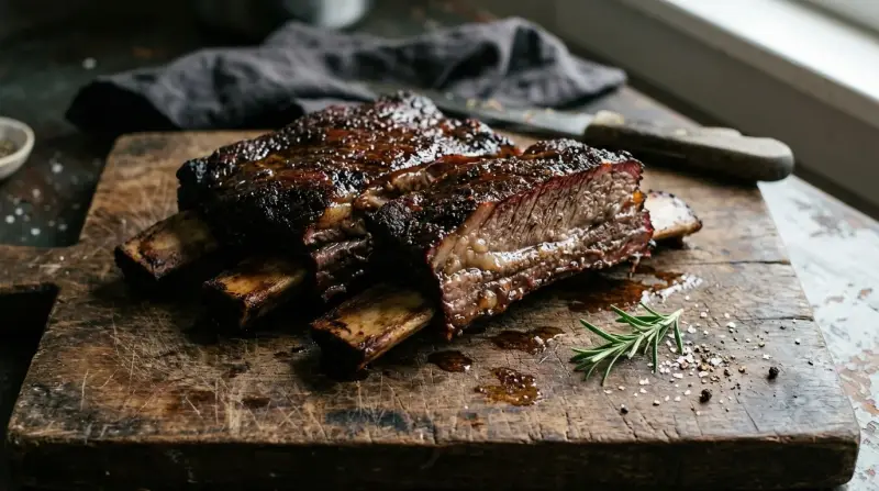 Smoked beef short ribs resting on a wooden board, glazed with dark caramelized bark, next to a small bowl of apple juice spritz