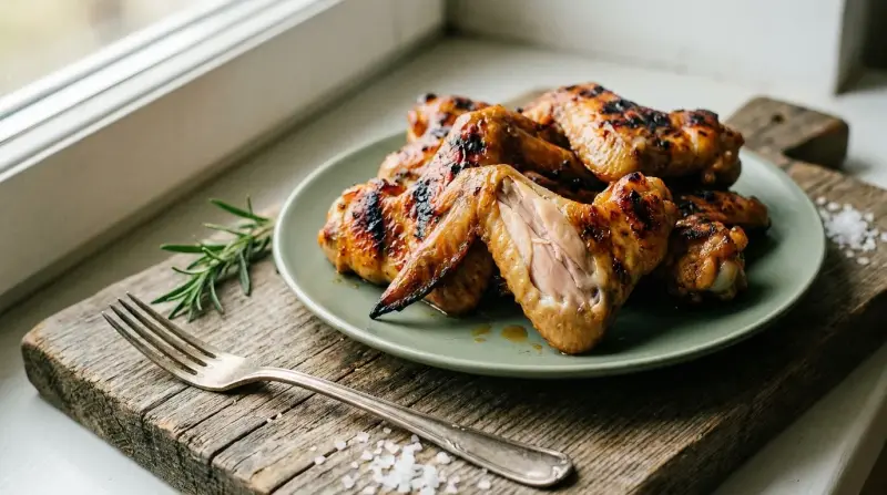 Crispy grilled chicken wings on a wooden board with a metal fork and rosemary sprig, showing the golden skin and juicy interior
